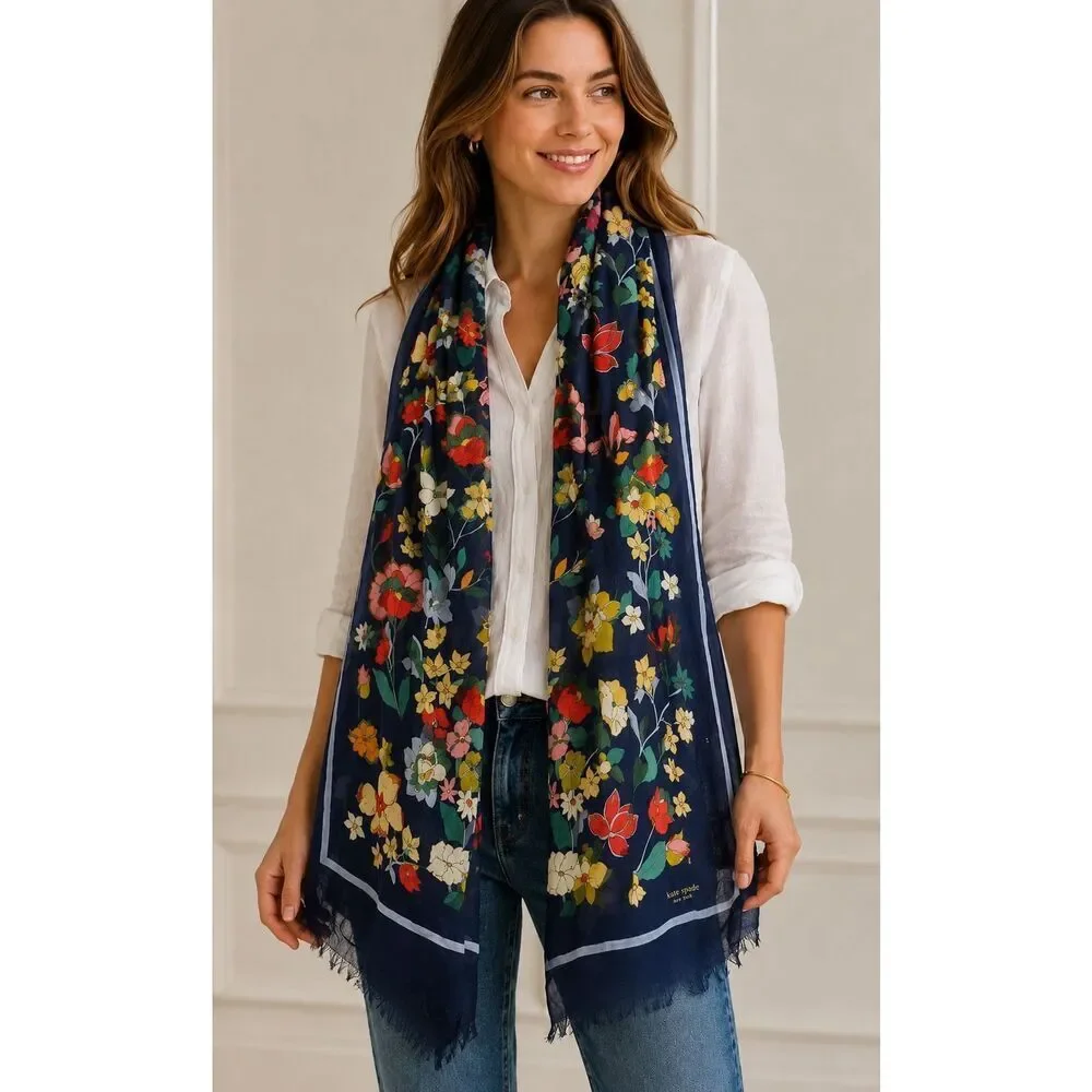 Kate Spade New York Floral Oblong Silk Cotton Scarf | Navy Botanical Garden Wrap